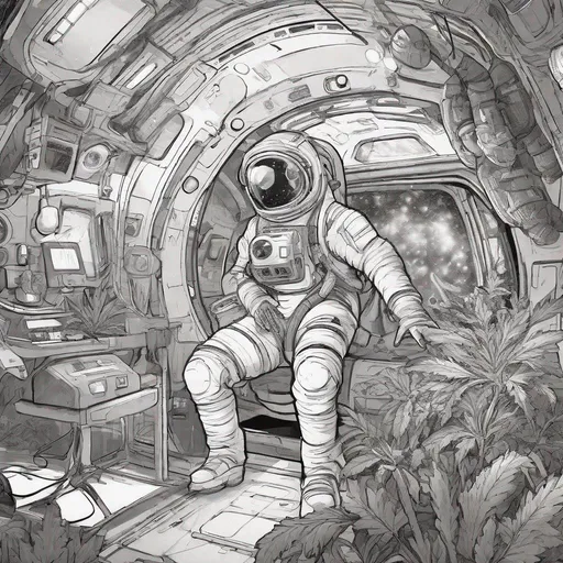 Prompt: Cartoon-style space exploration for the best marijuana in the galaxy finding big plants, black and white, spaceship crew in action, detailed space suits, futuristic spacecraft, high contrast, ink-style shading, detailed characters, galactic search, professional illustration, highres, detailed, cartoon, black and white, space exploration, futuristic, high contrast, detailed characters, spacecraft, space suits, galactic search, ink-style shading
