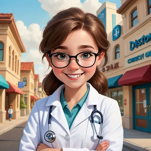 Prompt: a happy disney cartoon girl with chubby cheeks with eyeglasses and wearing a doctor’s white coat with an optometry clinic as background
