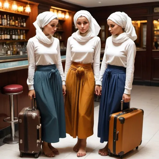 Prompt: Draw 2 girls. Let the girls wear long sleeves and long skirts. They have headscarves on their heads, tied in front like a knot. The girls, with their suitcases in their hands, turn their backs to the bar and look at us.