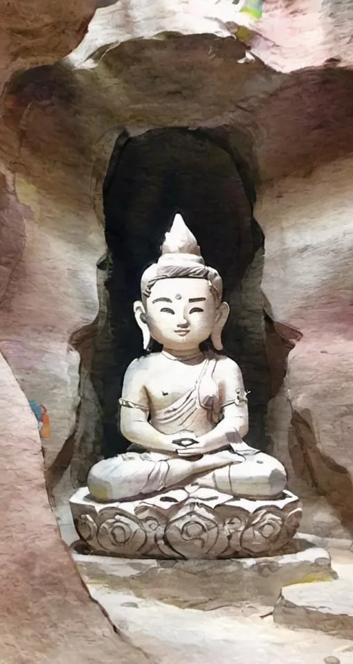 Prompt: an ancient statue sitting in a cave temple, digital art