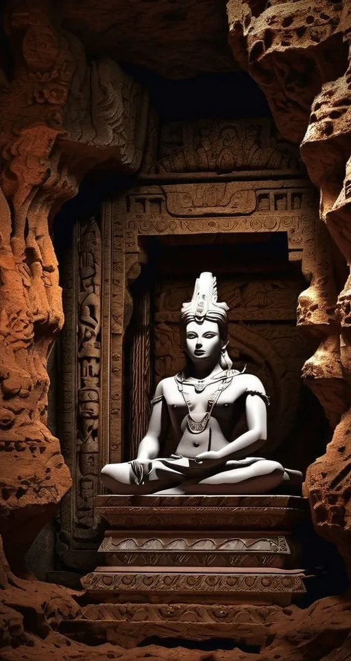 Prompt: an ancient statue sitting in a cave temple, digital art