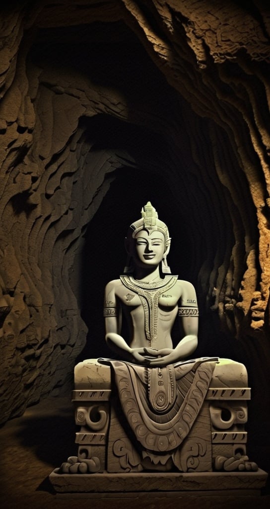 Prompt: an ancient statue sitting in a cave temple, digital art