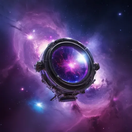 Prompt: (futuristic space telescope), (diamond mirrors), capturing infrared light, distant stars, sleek metallic design, high-tech ambiance, vibrant cosmic background with swirling nebulae, deep blues and purples, sparkling stars, ultra-detailed, high definition, emitting a soft glow, a sense of wonder and exploration.