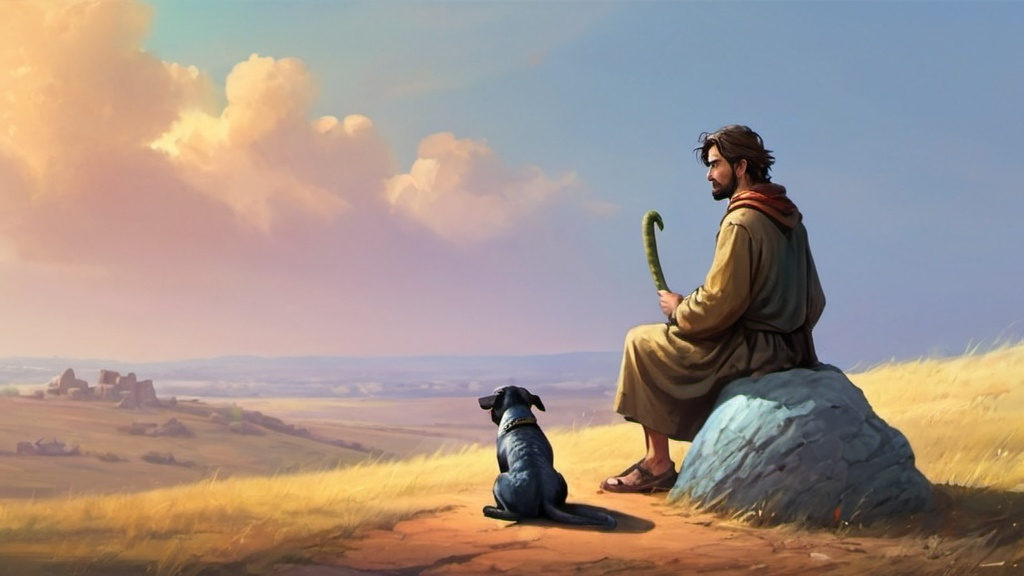 Prompt: Draw for me a young man and shepherd sitting alone on a stone in the plain and a snake standing behind the stone and he has no dog and is alone with beautiful colors.