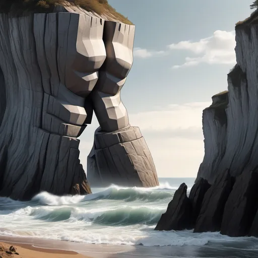 Prompt: draw the torso of man as giant cliff alongside the see