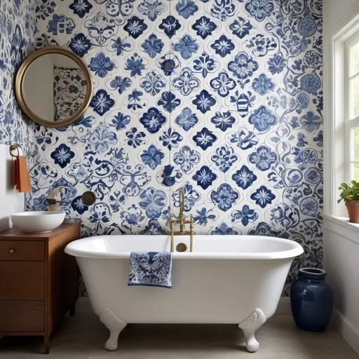 Prompt: create a wallpaper pattern using the blue and white talavera tiles but in a classic and minimalistic midecentury modern style