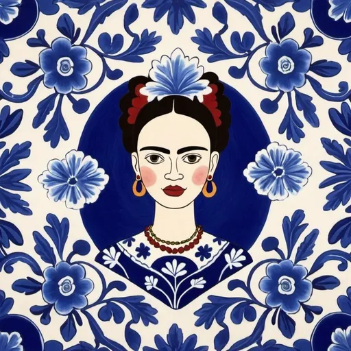 Prompt: create a wallpaper pattern using the blue and white talavera tiles but in the style of the art work of frida khalo

