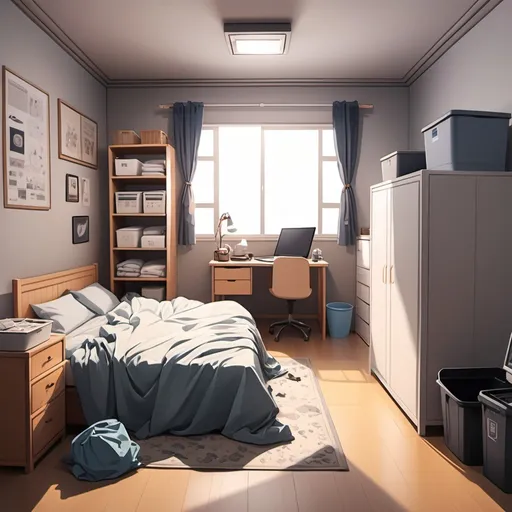 Prompt: anime style, large bedroom with no people, just objects like a bed, a side table with a lamp, a computer desk, a trash can, a wardrobe, a laundry basket