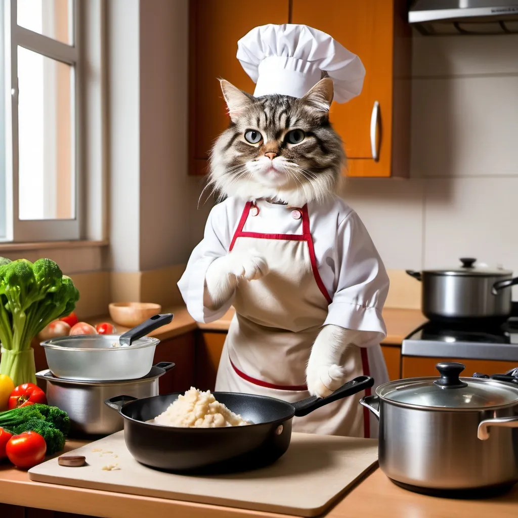 Prompt: housewife cat cooking in the kitchen