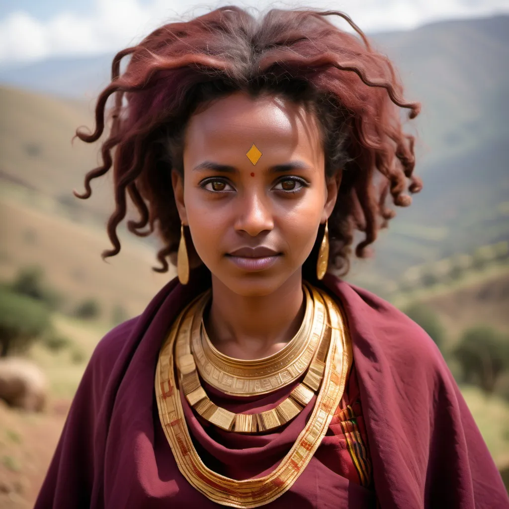 Prompt: A woman with deep, golden-brown skin, wearing a traditional Ethiopian dress in burgundy with gold threadwork. Her hair is thick, voluminous, and dark, with a slight purple hue. Her eyes are dark amber, reflecting a lively, bright energy. She stands gracefully in the Ethiopian highlands, embodying the richness and complexity of Djimma coffee, with a poised yet warm demeanor.”