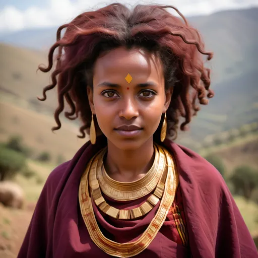 Prompt: A woman with deep, golden-brown skin, wearing a traditional Ethiopian dress in burgundy with gold threadwork. Her hair is thick, voluminous, and dark, with a slight purple hue. Her eyes are dark amber, reflecting a lively, bright energy. She stands gracefully in the Ethiopian highlands, embodying the richness and complexity of Djimma coffee, with a poised yet warm demeanor.”