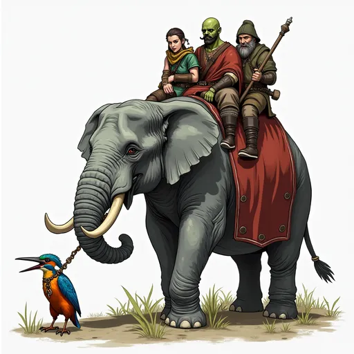 Prompt: Please create a drawn image in the style o dungeons and dragons fifth edition of a grey elephant seating a half orc barbarian, a woodelf rogue and a dwarf cleric. Dragging behind the elephant is a bound and gagged aarakocra with the colors of an kingfisher.