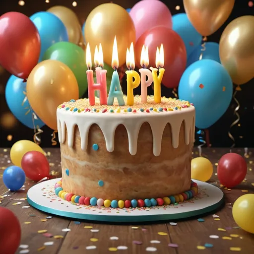 Prompt: (hyper realistic birthday cake), lots of candles, “Happy Birthday Guido” accurately spelled text, warm vibrant colors, celebratory atmosphere, confetti and balloons in the background, ultra-detailed, 4K resolution, golden and pastel colors, photorealistic, studio lighting, immaculate icing details, luxurious cake design, rich texture, bokeh effect in the background, festive mood, professional presentation, delicious appearance