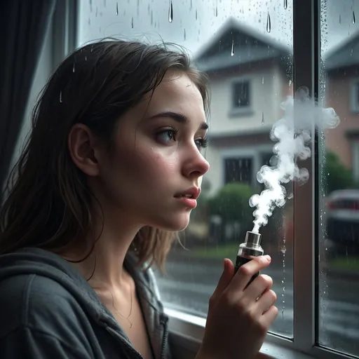 Prompt: An a girl with vape looking through a Window while it's raining outside