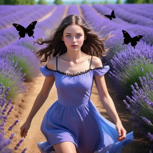 Prompt: A brunette girl with blue eyes, diamond face shape running through levander plantation with blue dress who has black butterflies on it