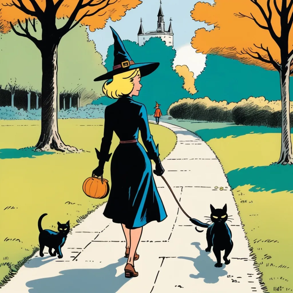 Prompt: blonde woman wearing witch hat and face mask walking with her cat in a park, 2d comic book panel, in the style of Tintin by Hergé