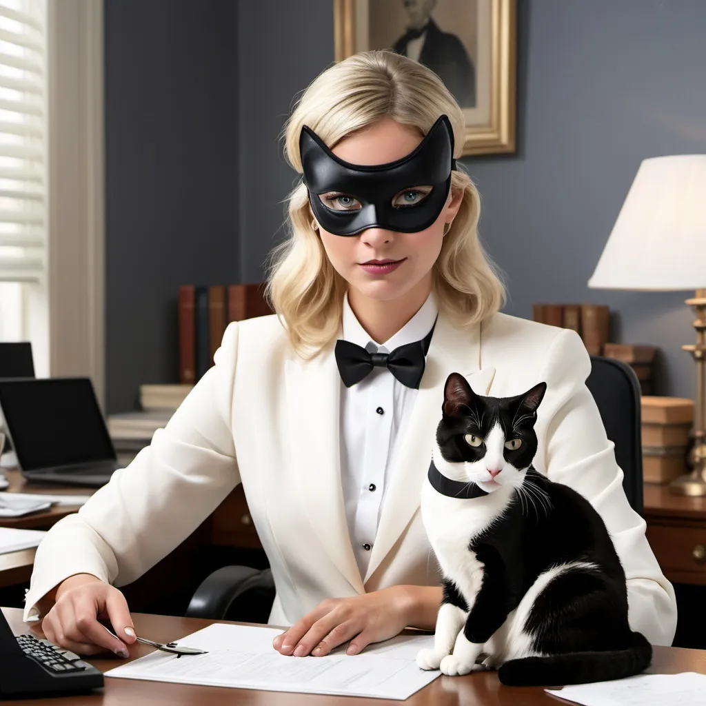 Prompt: blonde lady wearing black eye mask sitting at desk with a tuxedo cat next to her.