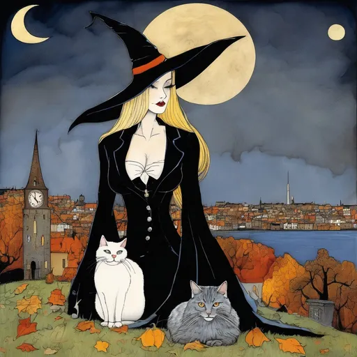 Prompt: A very pretty lovely lady witch, with long blonde hair, she's a little chubby, with her tuxedo cat art by Sam Toft, Deborah Azzopardi, Marc Allante, Axel Scheffler, Charles Robinson, pol Ledent, endre penovac, Gustave Loiseau. inlay, watercolors and ink, beautiful, fantastic view, extremely detailed, intricate, best quality, highest definition, rich colors. intricate beautiful, award winning fantastic view ultra detailed, 3D high definition