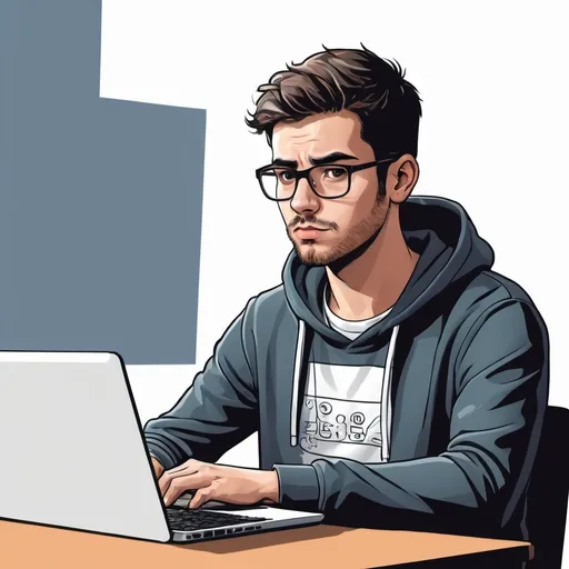 Prompt: man (28 years old) sitting with laptop programming, comic like. png or svg with no background