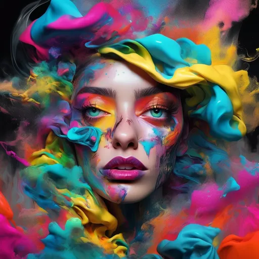 Prompt: best quality,highres,ultra-detailed,realistic,portrait,detailed eyes,detailed lips,3D rendering,colorful,studio lighting,abstract painting,neon lights,metallic elements,graffiti style,urban background,colorful smoke,abstract patterns,grunge texture,edgy style,glowing effects,urban fashion,street art vibes,psychedelic colors,richly textured,imaginative,unique perspective,vibrant atmosphere,mystery,nighttime scene,modern art,creative expression,surrealistic,energy,imagination,artistic flair,diverse cultural influences