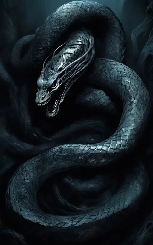 Prompt: eroticpaper Plunge into the abyss of Scorpio's intensity, crafting an image of a venomous serpent entwined with the mysteries of the afterlife. Channel the dark fantasy style of Seb Mckinnon --testpfx