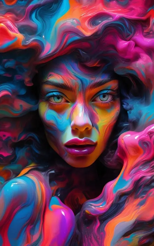 Prompt: best quality,highres,ultra-detailed,realistic,portrait,detailed eyes,detailed lips,3D rendering,colorful,studio lighting,abstract painting,neon lights,metallic elements,graffiti style,urban background,colorful smoke,abstract patterns,grunge texture,edgy style,glowing effects,urban fashion,street art vibes,psychedelic colors,richly textured,imaginative,unique perspective,vibrant atmosphere,mystery,nighttime scene,modern art,creative expression,surrealistic,energy,imagination,artistic flair,diverse cultural influences