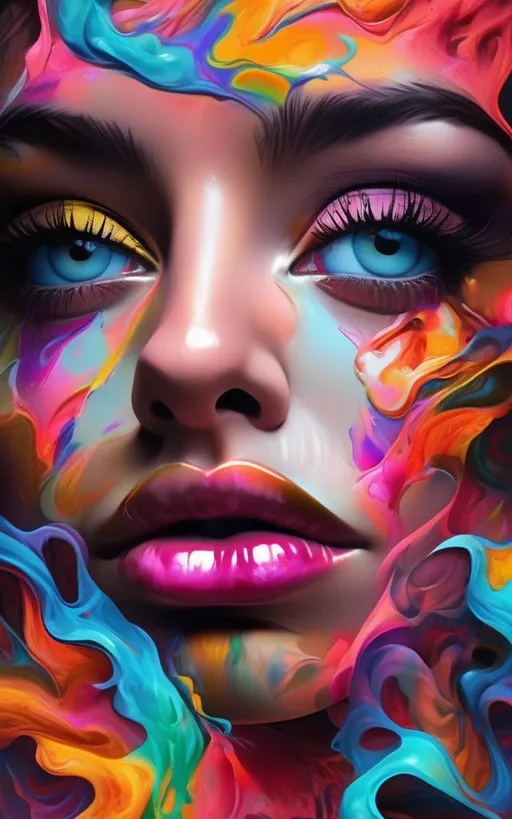 Prompt: best quality,highres,ultra-detailed,realistic,portrait,detailed eyes,detailed lips,3D rendering,colorful,studio lighting,abstract painting,neon lights,metallic elements,graffiti style,urban background,colorful smoke,abstract patterns,grunge texture,edgy style,glowing effects,urban fashion,street art vibes,psychedelic colors,richly textured,imaginative,unique perspective,vibrant atmosphere,mystery,nighttime scene,modern art,creative expression,surrealistic,energy,imagination,artistic flair,diverse cultural influences