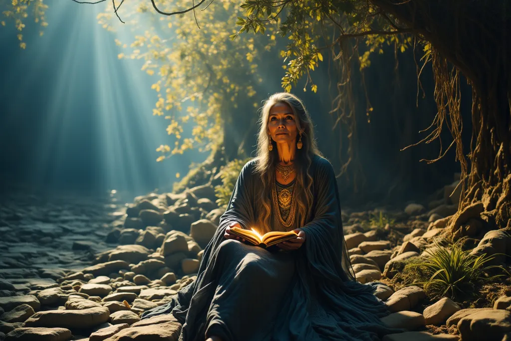Prompt: A female sorceress, embodying the essence of @raz8GnkyE2JTjAi6GE3x, sits gracefully on an ancient stone pedestal, her fingers delicately tracing the intricate symbols of an arcane book resting in her lap. She is surrounded by a mystical forest, where soft, dappled sunlight filters through the dense canopy above, casting ethereal patterns on the ground. The air is thick with swirling motes of light, reflecting her magical aura. Her long, flowing robes shimmer with deep hues of indigo and silver, blending seamlessly with the enchanting surroundings. The camera captures her from a slight angle, emphasizing the book's glowing pages as she leans in, deep in concentration, with a serene expression that hints at the power contained within her grasp., Legs Crossed, Holding Object