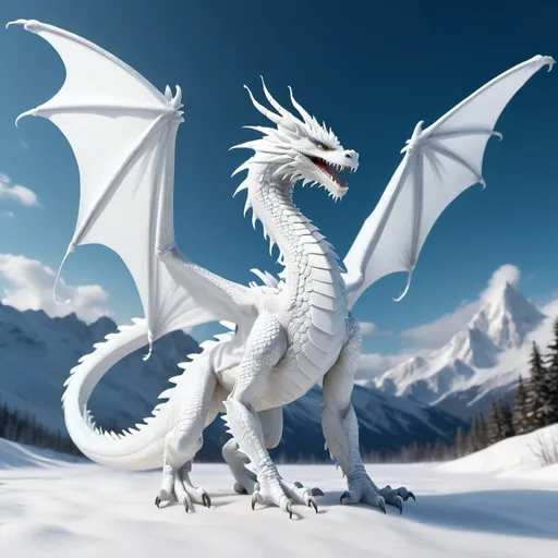 Prompt: a beautiful white snow dragon with soft and large wings with less horns flies on the sky to freeze