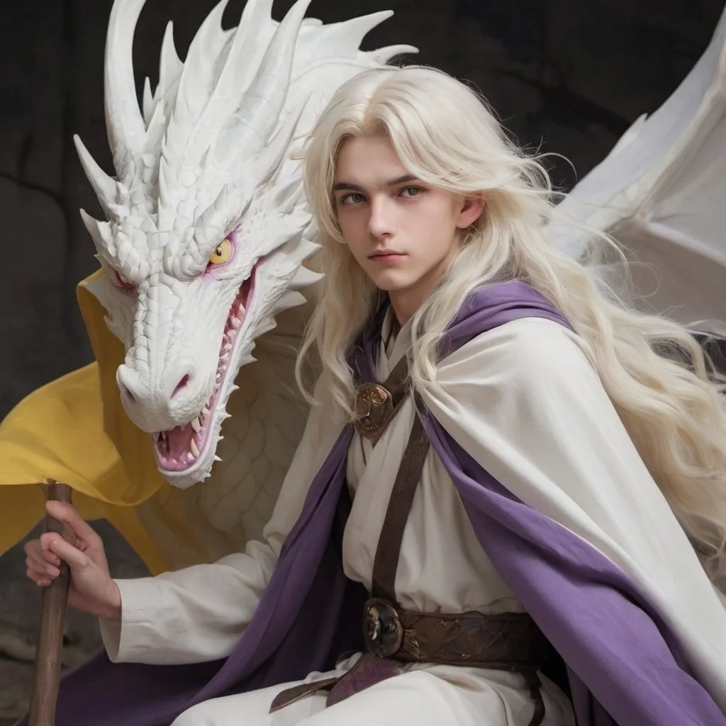 Prompt: A  beautiful 15 years old boy with white wavy long hair, purple shining eyes, white skin color wearing long cloak who is riding a yellow white dragon