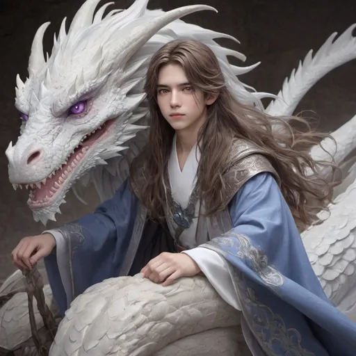 Prompt: A  beautiful 15 years old boy with white mix brown wavy long hair, purple eyes, white skin color wearing long flowering cloak who is riding a blue white dragon