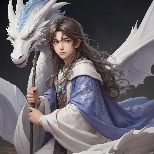 Prompt: A  beautiful 15 years old boy with white mix brown wavy long hair, purple shining eyes, white skin color wearing long flowering cloak who is riding a blue white dragon