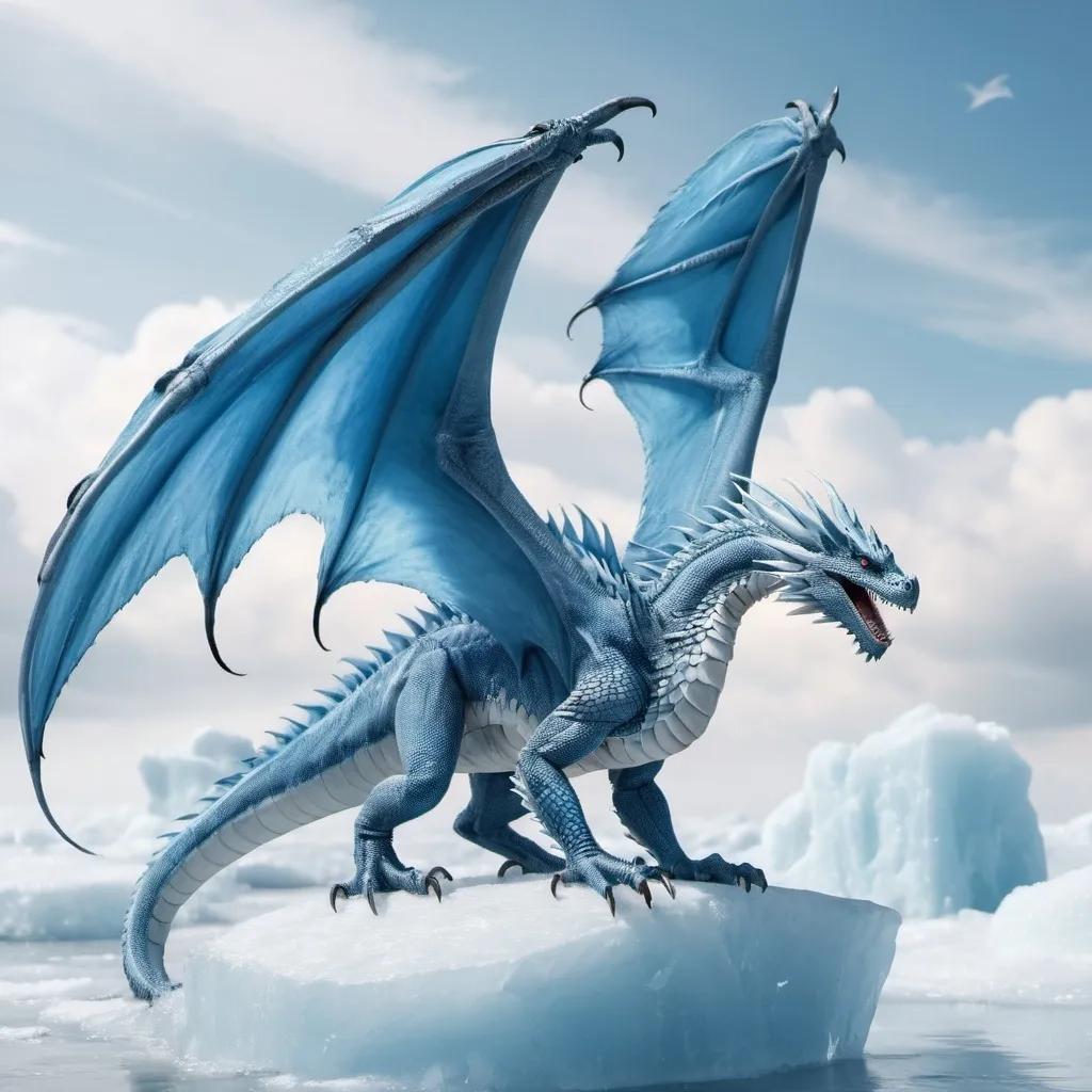 Prompt: a beautiful white blue dragon with soft and large wings with less horns  flies in the sky to freeze the ice