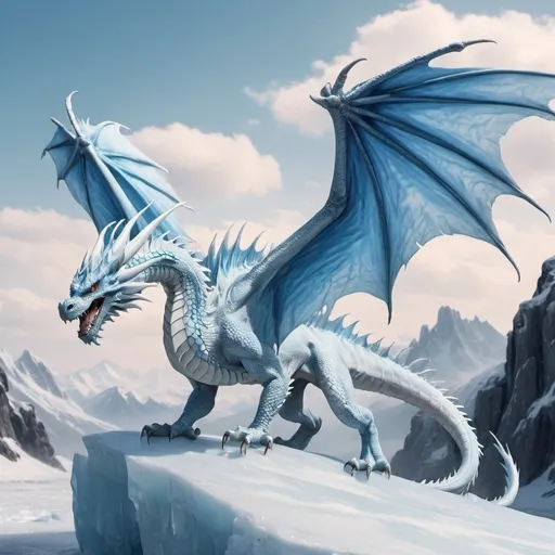 Prompt: a beautiful white blue dragon with soft and large wings  flies in the sky to freeze the ice