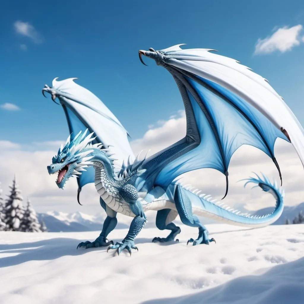 Prompt: a beautiful white blue snow dragon with soft and large wings with less horns flies on the sky to freeze