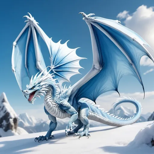 Prompt: a beautiful white blue snow dragon with soft and large wings with less horns flies on the sky to freeze