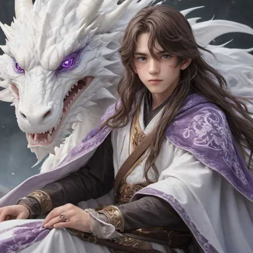 Prompt: A  beautiful 15 years old boy with white mix brown wavy long hair with  round purple eyes, white skin color wearing long flowering cloak who is riding a blue white dragon