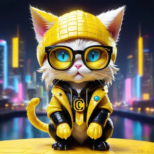 Prompt: This illustration creates a visual spectacle by blending the unique styles of 3D pop-art and pixel-art, presenting a dance of Shades of yellow- black  and details. The Crocodile-looking cat, glasses, lenses, titanium, and neon light come together in perfect harmony, creating a stunning artistic masterpiece. Fantasy design, Crocodile-looking cat, mutated, Self-portrait, Long shiny Fur yellow-white cat, blue eyes,There is a yellow color reflection in the eyeglass lens, Barbarian cat, The cat has a cunning smile, Cat is wearing a yellow-black With snake scale patterns on it hoodie, the background image is shaped like a Cyberpunk city, realistic photo, mentalray render, Octane render, very realistic,12k