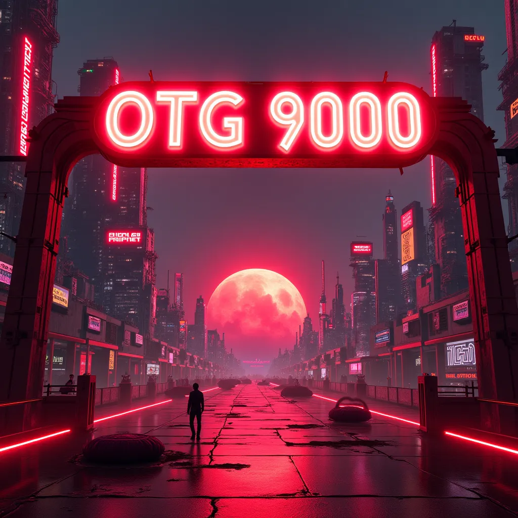 Prompt: off the grid video game banner with the words OTG 9000 on the top, red theme neon lights, cyber punk city scape