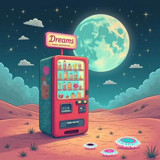 Prompt: Illustrate a retro vending machine standing alone in a dreamlike desert. Instead of snacks, it offers strange items like bottled starlight, keys with no locks, floating eyeballs, paper wings, and mini universes in jars. A sign above says “Dreams – Insert Imagination”. The machine glows with pastel neons, and the sand around it reflects shifting symbols like clouds, unicorns, and clocks. A surreal moon looms large in the background, giving it a mysterious, magical vibe.