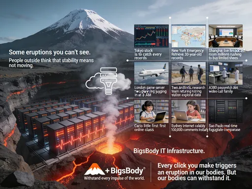 Prompt: 开篇：

航拍。一座安静的火山，山顶积雪。

字幕： “有些喷发，你看不见。”

场景一：地下数据中心

镜头急速下坠，穿过火山岩层，进入地底深处。

这里是一座巨大的数据中心。机柜整齐排列，指示灯有节奏地闪烁，像心跳。

旁白（冷静的男声）： “外面的人以为，稳定就是不动的意思。”

场景二：全球用户瞬间

分屏画面——十组同时发生的事件：

东京股市开盘，每秒上万笔交易

纽约急诊室，医生调取三十年前的病历

上海直播间，千万人同时抢购限量球鞋

伦敦游戏服务器，凌晨三点，两百万玩家同时登录

撒哈拉沙漠，科研团队传回今天的勘探数据

南极科考站，和家人视频通话

一架A380客机，三百人在高空同时联网

开罗，一个小女孩用平板电脑上第一堂网课

悉尼，网红发布视频，瞬间十万评论

圣保罗，逃犯数据库被实时比对

画面节奏越来越快，十个画面不断切换、叠加、分裂。

场景三：回到数据中心

镜头回到安静的地底。

指示灯闪烁的频率变得更快了。

旁白： “真正的稳定，是接住每一次喷发。”

场景四：隐喻画面

地面上的火山——我们以为它睡着了。

但镜头穿透地表，进入岩浆层。

那些“指示灯”的光芒透过岩层缝隙透出来，在地表看来，只是微弱的红光。但在地底深处——

岩浆正在奔涌。
热量正在传递。
能量正在蓄积。

那不是一座死火山。
那是一座 “一直在喷发，只是从不失控” 的活火山。

场景五：回归品牌

字幕： “BigsBody IT Infrastructure.”

画面： 火山口冒出袅袅白烟，与云层融为一体。那些云，变成了服务器的形状。

旁白： “你的每一次点击，都在我们体内引发一次喷发。而我们的身体，扛得住。”

Logo浮现： 火山喷发 + BigsBody

Slogan： “硬扛世界的每一次冲动。”


