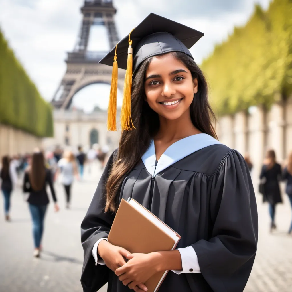 Prompt: i am selling a digital download called ultimate internship guide in france , create a perfect cover photo for that , add a brown indian gorl with a graduate cap, make the photo compelling