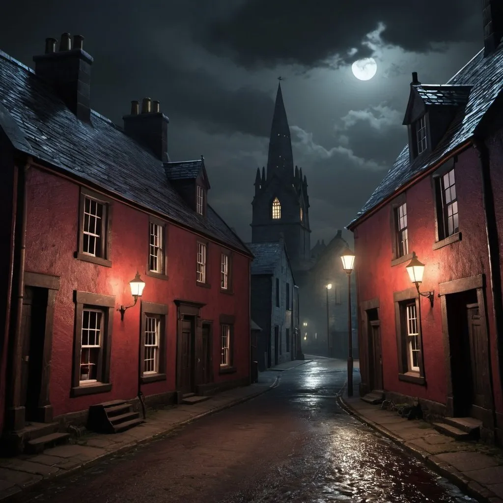 Prompt: A small, old town in 1800's Scotland at night but it is Blood Omen 3