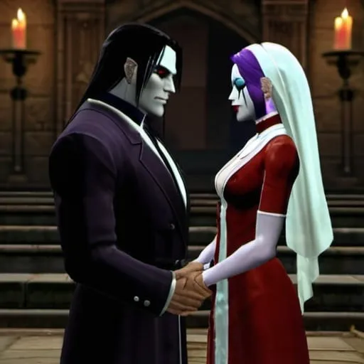 Prompt: Kain and Uma from Blood Omen 2 marrying eachother. Uma has a black, crescent-shaped face tattoo starting from her temples and going down to her cheeks. Uma's wedding dress is very revealing. Kain's skin is extremely pale, his eyes are dark, his hair is white and his lips are black.