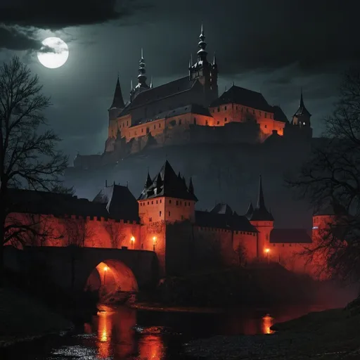 Prompt: Czech castle-town at night but it is Blood Omen 3