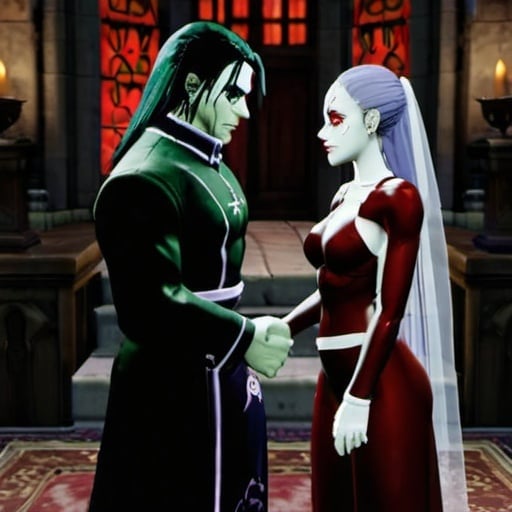 Prompt: Kain and Uma from Blood Omen 2 marrying eachother. Uma has a black, crescent-shaped face tattoo starting from her temples and going down to her cheeks. Uma's wedding dress is very revealing. Kain's skin is extremely pale, his eyes are dark, his hair is white and his lips are black.