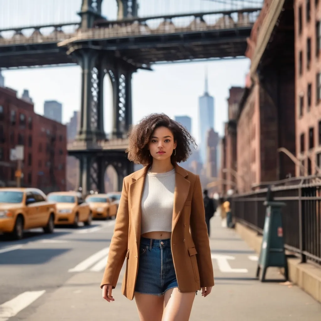Prompt: young woman walking down the street detailed clothing, realistic, natural lighting with the nyc dumbo bridge as background