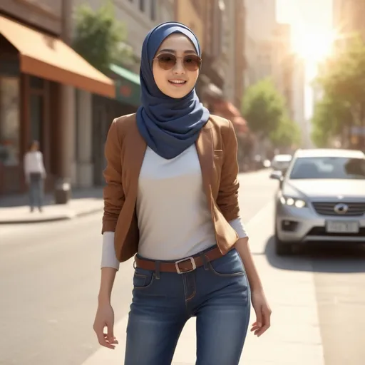 Prompt: 64K UHD HDR Ultra-Realistic Ultra-Detailed Digital 3D Rendering of Young Asian beauty lady wearing hijab and tight jeans, brown sunglass, downtown street. Soft Sunlight Illuminating His Excitement. Octane Render, full-body pose