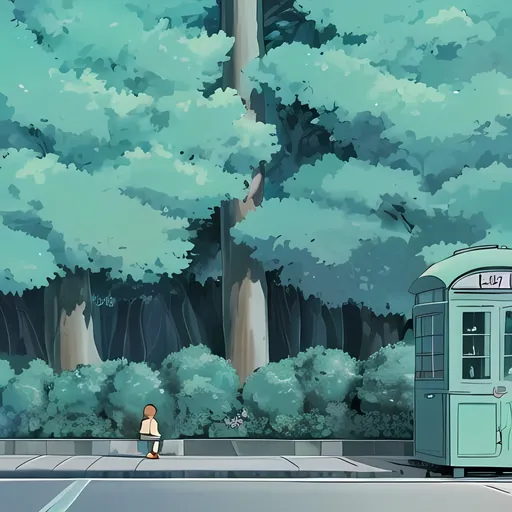 Prompt:  Make a simple and beautiful image with 3D Anime Ghibli Studio Style 2160P Animated HD Aerial View, in which there is a gap in front of a flat in an Indian city. To go inside the flat, there are trees in front of that gap. There is a little space in front of those trees. There are benches in front of that space. There is a little space in front of those benches. There is a sidewalk in front of that space. Then there is a little space in front of that space. In a single line, there is a little space left. An Electric Double Decker Trolley Bus Station, a Telephone Booth, a Water Cooler Machine, and a Dustbin are made. 