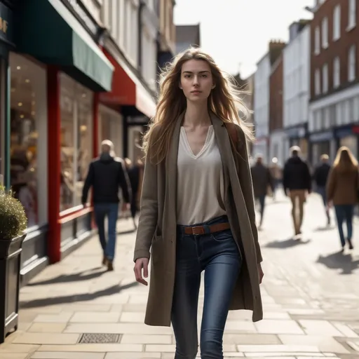Prompt: Tall young woman walking down the high street, detailed clothing, realistic, natural lighting